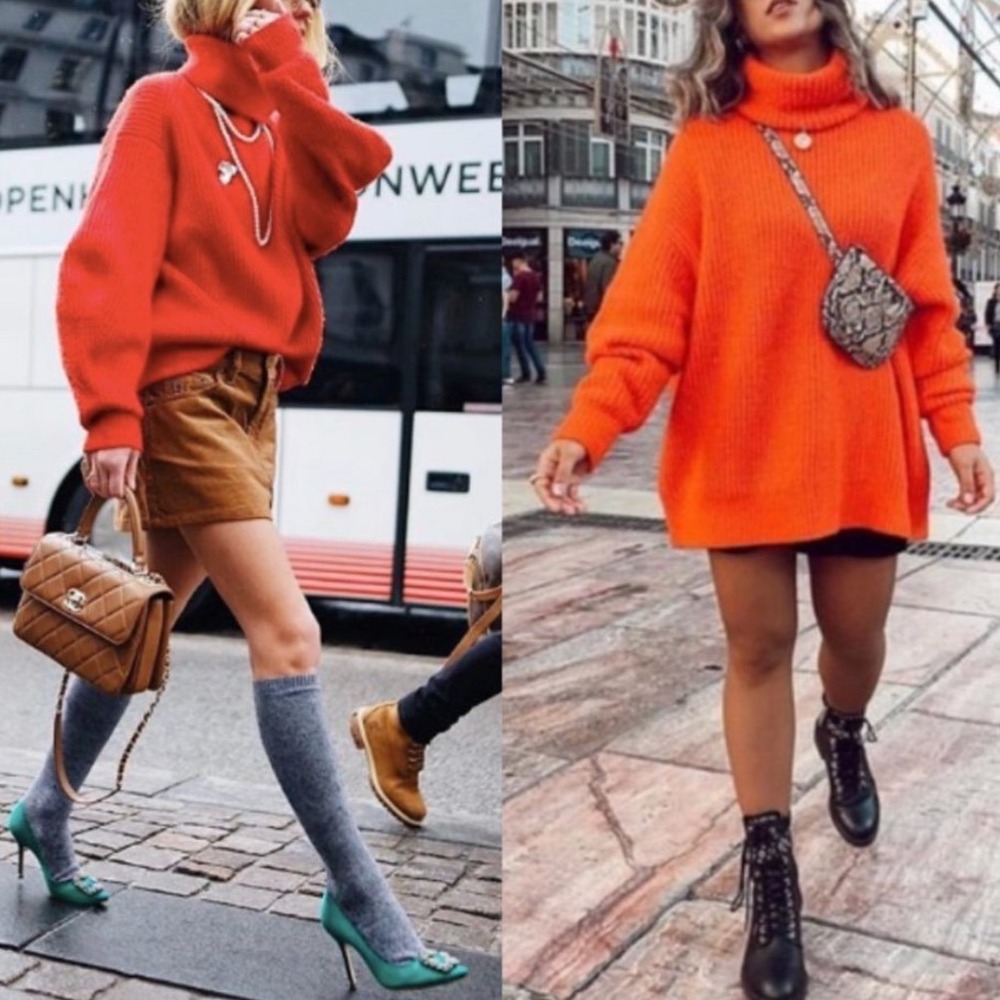 NWT ZARA Oversized Turtleneck Sweater Women Small  Orange Red Chunky Ribbed Knit